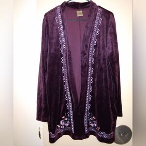 Blair velvet Cardigan house coat longline embroidered floral Large wine‎ color